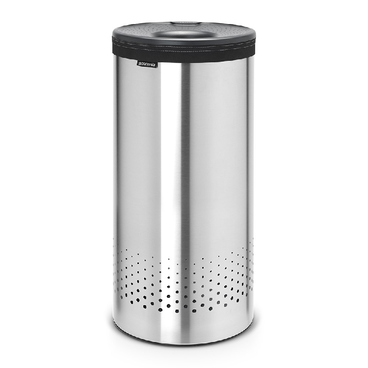 Brabantia Wäschebox mit Kunststoffdeckel, Korpus: matt steel, Deckel: dark grey, Inhalt: 35 l, Durchmesser: 30 cm, Höhe: 63 cm.
