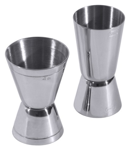 Cocktail-Doppelmaß aus Edelstahl 18/10, hochglänzend, graduiert, schwere Qualität Portionsgröße: 2,0 cl / 4 cl, Höhe: 7,3 cm