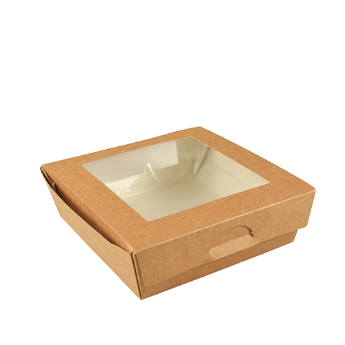 25 Feinkostboxen, Pappe mit Sichtfenster aus PLA eckig 1000 ml 16 cm x 16 cm x 5 cm braun von PAPSTAR