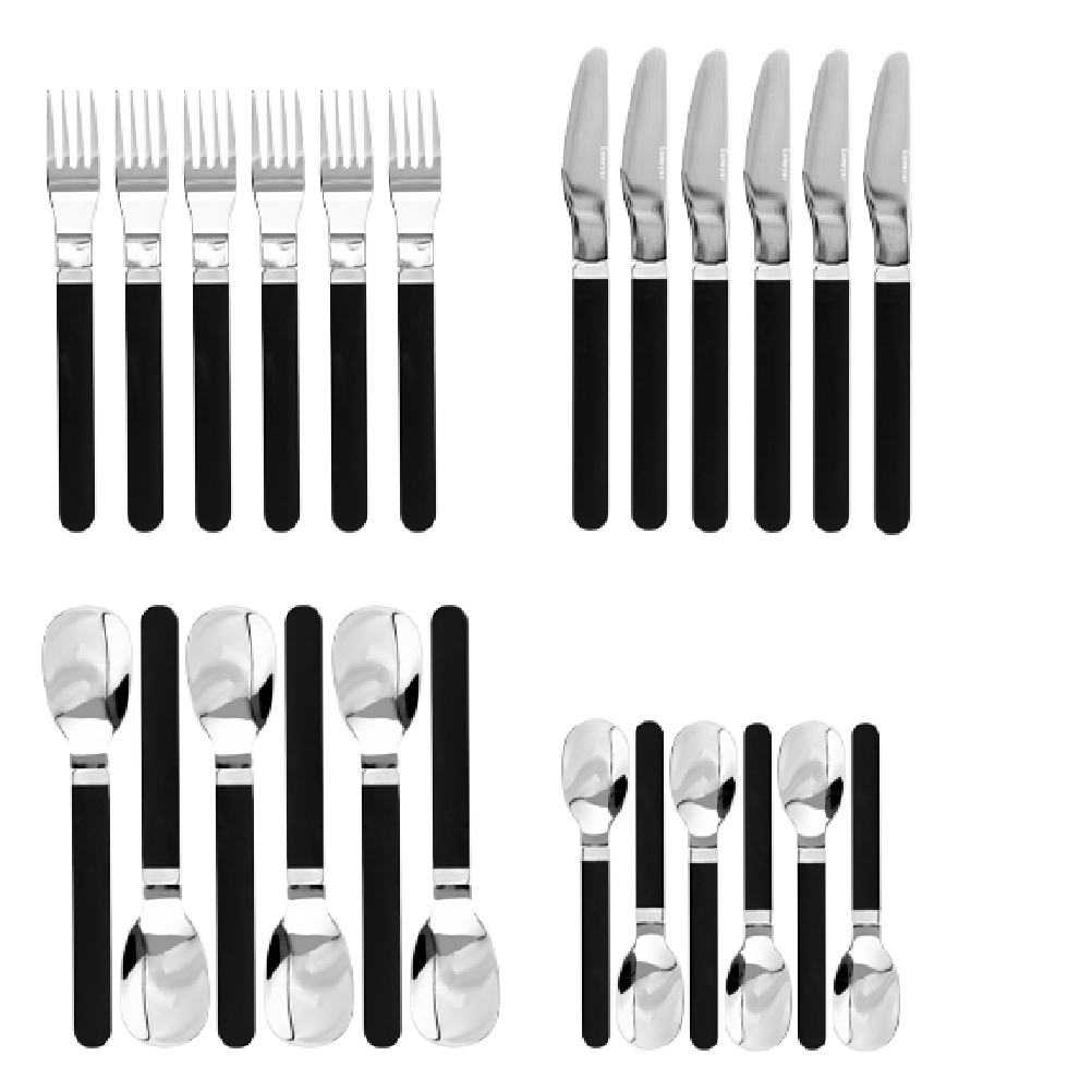 24-tlg. Besteck JOY, aus Edelstahl 18/10, poliert, mit schwarzen Kunststoffgriffen. Messer aus Klingenstahl.