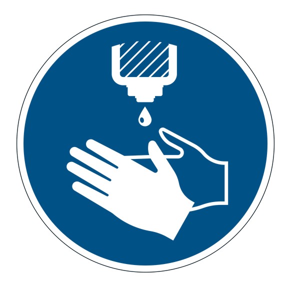 Durable Gebotsaufkleber "Hände desinfizieren" Maße Ø 430 mm, Stärke ca. 0,2 mm , ablösbar