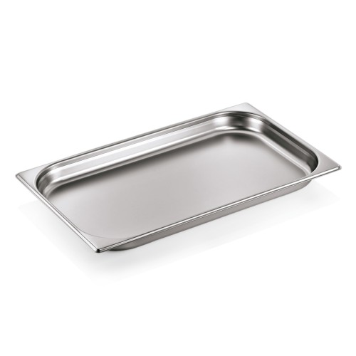 GN 1/1 Behälter, Materialstärke 0,7 mm. Material: Chromnickelstahl 18/8. Serie: GN 90. Inhalt in Litern: 5. Maße: Höhe: 40 mm