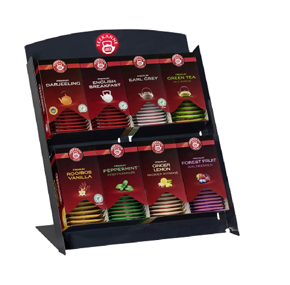 Teekanne TEE-BAR für Profis mit 8 Fächern, hochwertiges Präsentations-Display aus Stahl, Abmessungen (H x B x T): 34,2 x 28,6 x 18,9 cm.