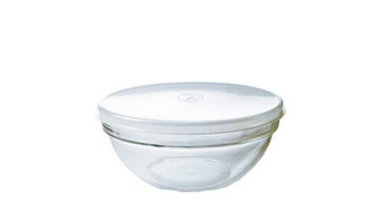 Glasschale EMPILABLE, Inhalt: 0,57 Liter, Durchmesser: 142 mm, Höhe: 66 mm, stapelbar, mit Plastikdeckel.