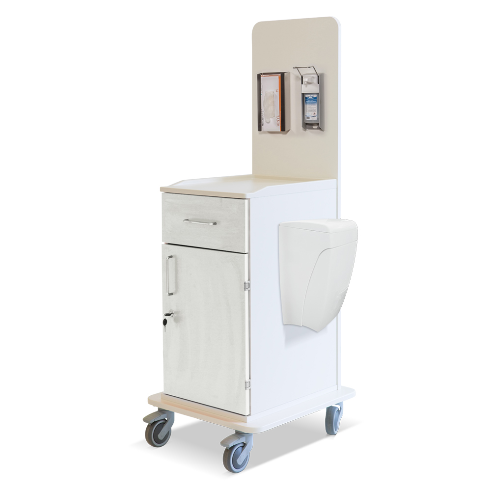 ETHERNASOLID® MULTICART Arbeitswagen T15 mit Mülleimer, Handschuhbox-Halterung und Desinfektionsspender für 500-ml-Euroflaschen,