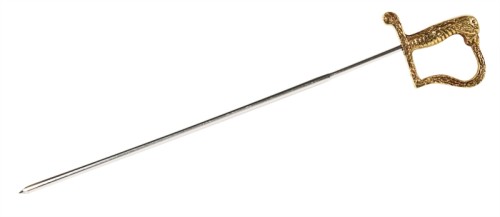 Motiv-Fleischspieße (Degen) aus Edelstahl, mit Motivgriffen aus massivem Messing, einzeln Gesamtlänge: 29,5 cm, Klingenlänge: 24,5