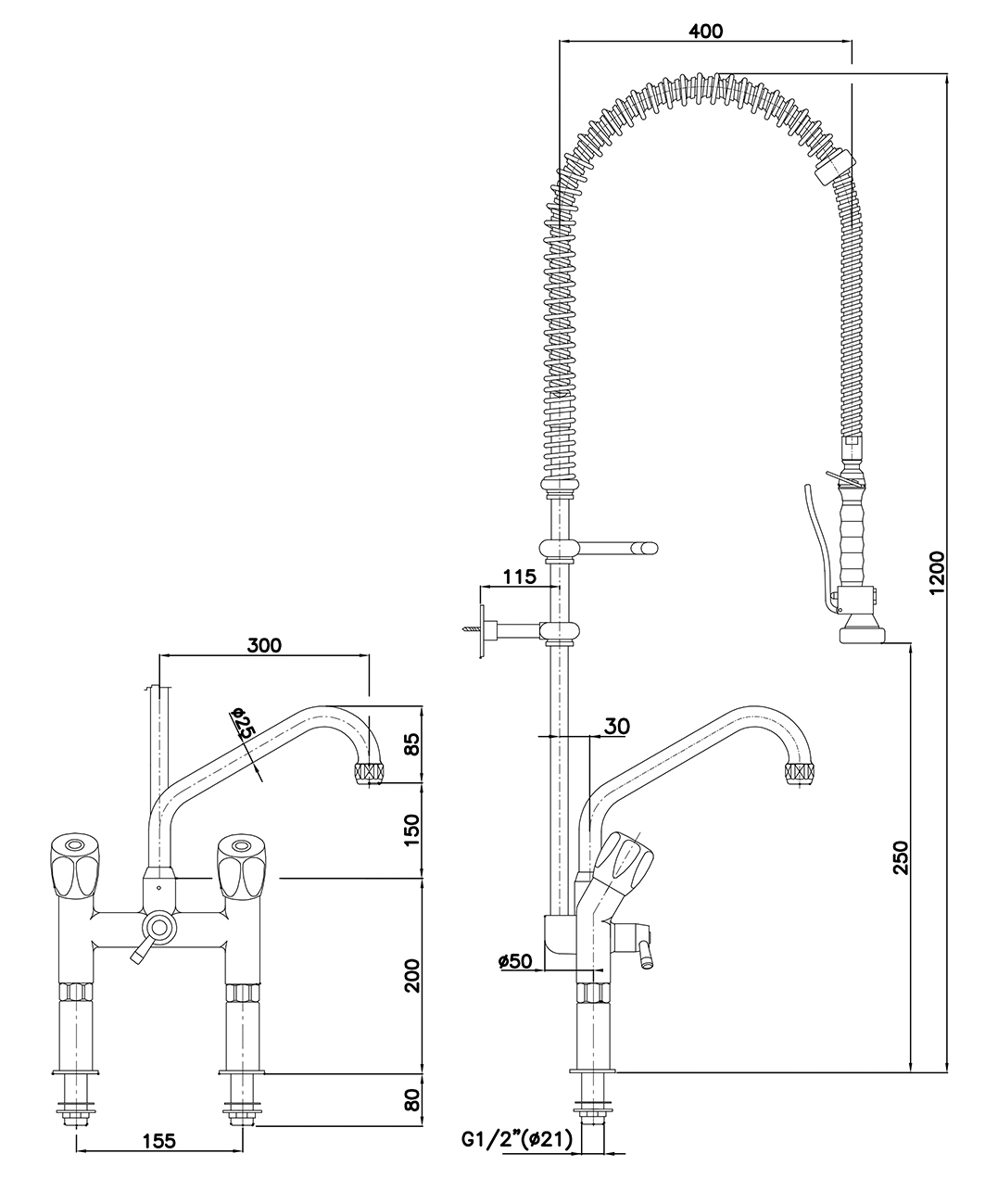 Bartscher Zweigriffmischer 40L-1802B | Durchflussbei 3 bar: Auslaufmenge: 16 L / Min.,Strahlregler: 40 L / Min.| 51,5 x 41,5 x 1220