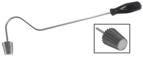 Pasteteneisen aus rohem Eisenguss, Form rund gerippt, Kolben-Ø oben 5 cm, Kolben-Ø unten 3,5 cm, Kolbenhöhe 4 cm, Stiel aus Edelstahl