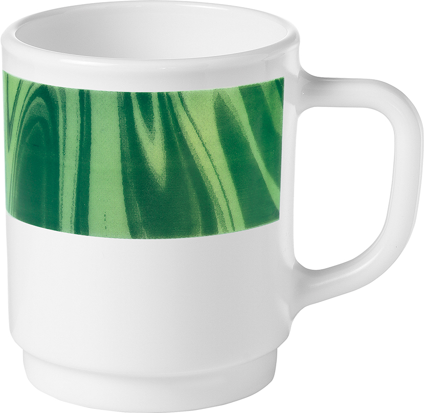 Henkelbecher NATURA mit grünem Muster. Inhalt ca. 0,25 Liter, aus Opalglas. Von Bormioli Rocco.