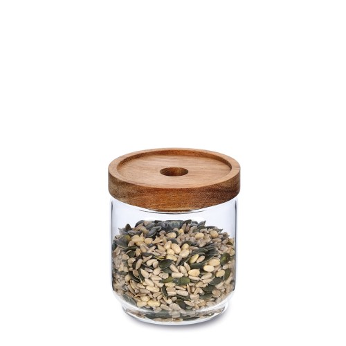 Vorratsglas m. Akaziendeckel, 540 ml. Ø: 90 mm. Höhe: 105 mm.