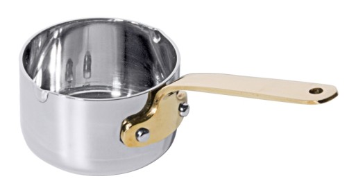 Stielkasserolle 5 cm flach Edelstahl mit Messinggriff mit beidseitigem Ausguss
