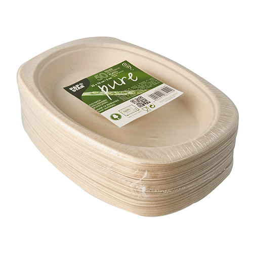 PAPSTAR 50 Teller, Zuckerrohr "pure" oval 23 cm x 16 cm x 2 cm natur