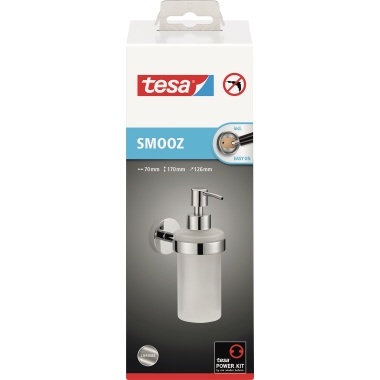tesa® Seifenspender SMOOZ 7 x 17 x 12,6 cm (B x H x T) 0,2l inkl. Klebelösung Metall/Glas chrom/weiß