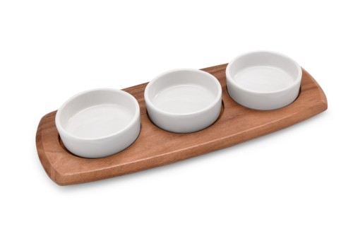 Dipschalen Set. Akazienholz. mit drei Porzellanschalen. Maße: 34 x 14,5 x 1,5 LxBxH,