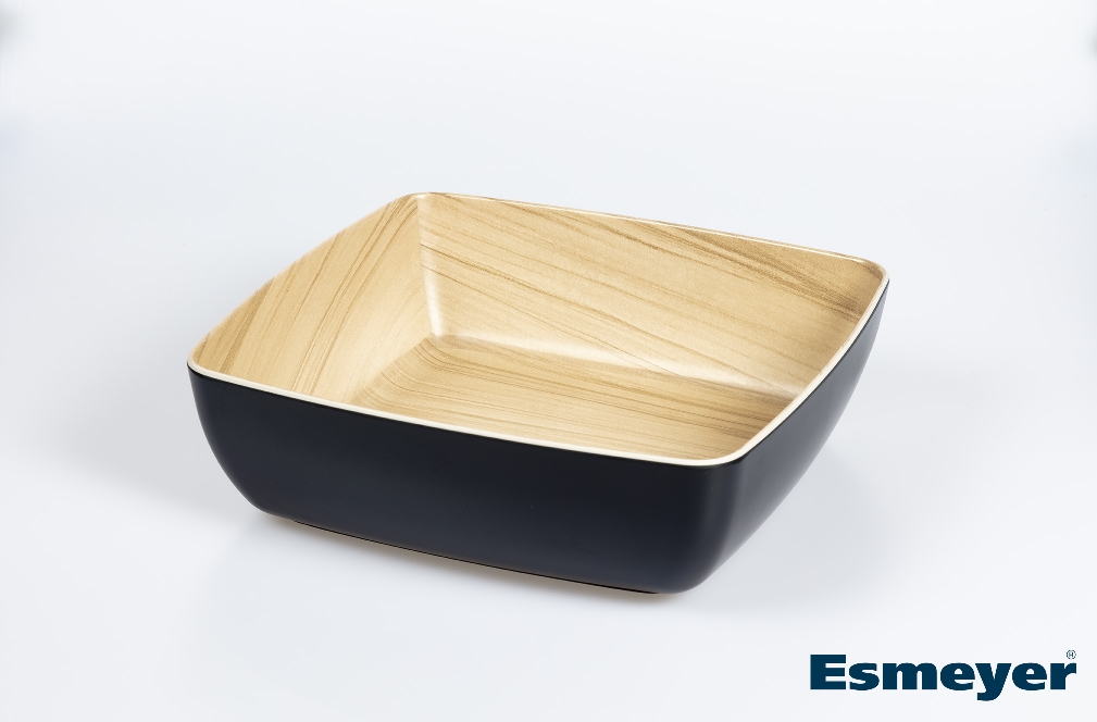 Schale -FRIDA- 16,5 x 16,5 cm, 5,5 cm Melamin innen: Holzoptik außen: schwarz 0,85 Liter spülmaschinengeeignet stapelbar