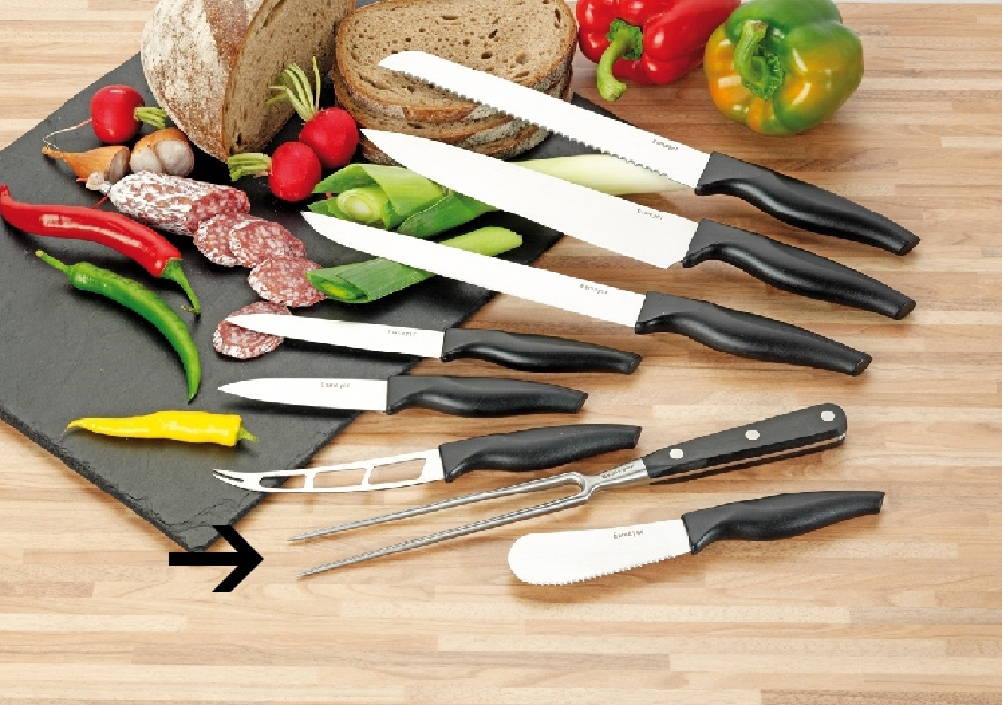 Tranchiergabel MOON aus Edelstahl mit durchgehendem Erl, Griff aus schwarzem POM-Kunststoff,