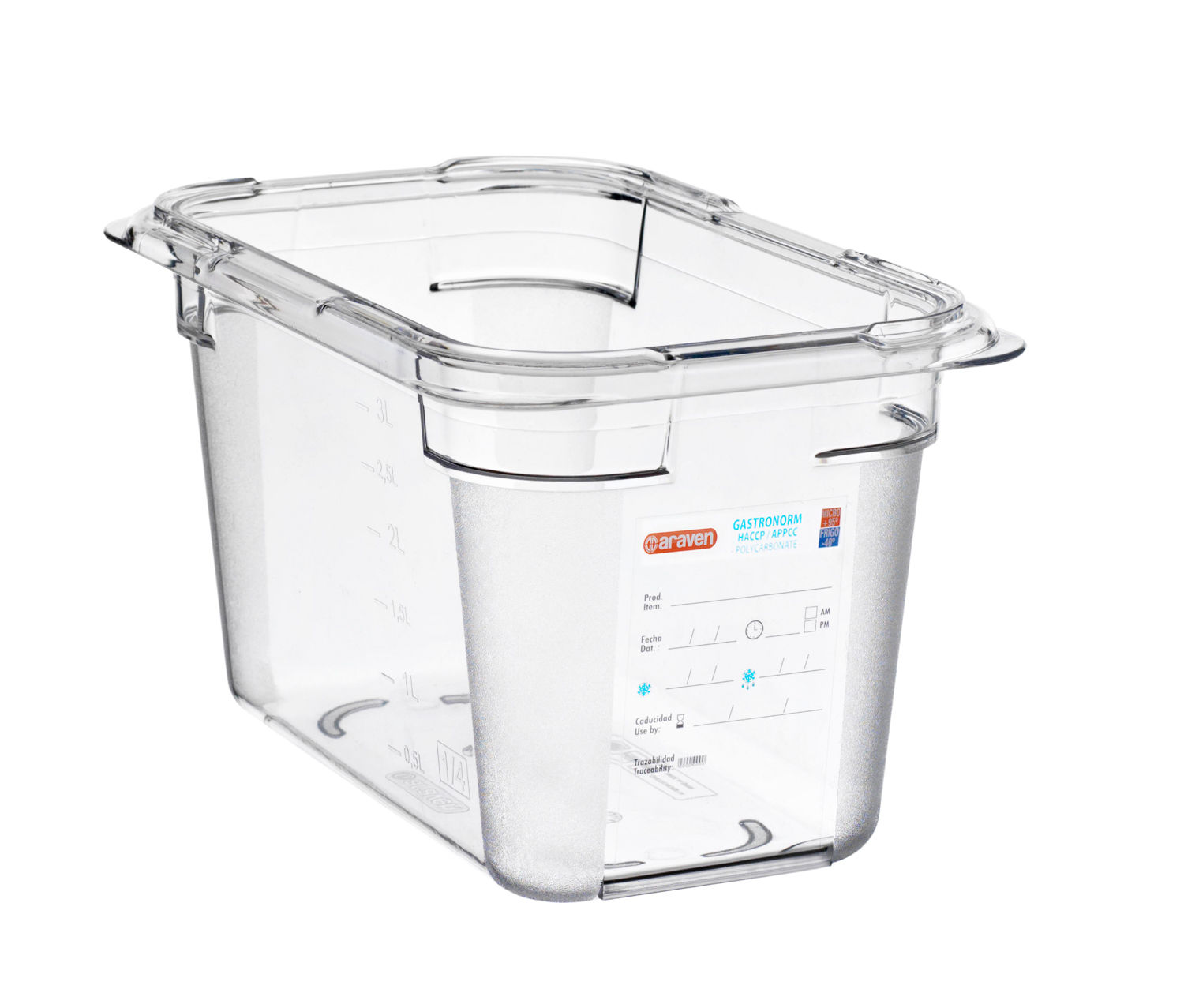 ARAVEN Behälter aus Polycarbonat GN 1/4 150mm Höhe und 3,7 Liter Fassungsvermögen, durchsichtig