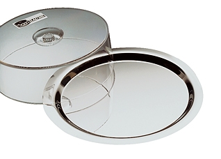 Tablett mit Haube -FINESSE- Ø 38 cm, H: 13 cm Set bestehend aus: - 1 Tablett aus 18/0 Edelstahl Ø 38 cm, H: 1 cm - 1 Haube