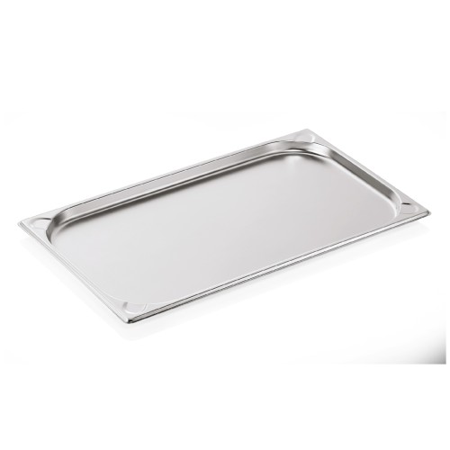 GN 1/1 Behälter, Materialstärke 0,6 mm, Randverstärkung durch geprägte U-Ecken. Material: Chromnickelstahl. Serie: GN 76. Inhalt in Litern: