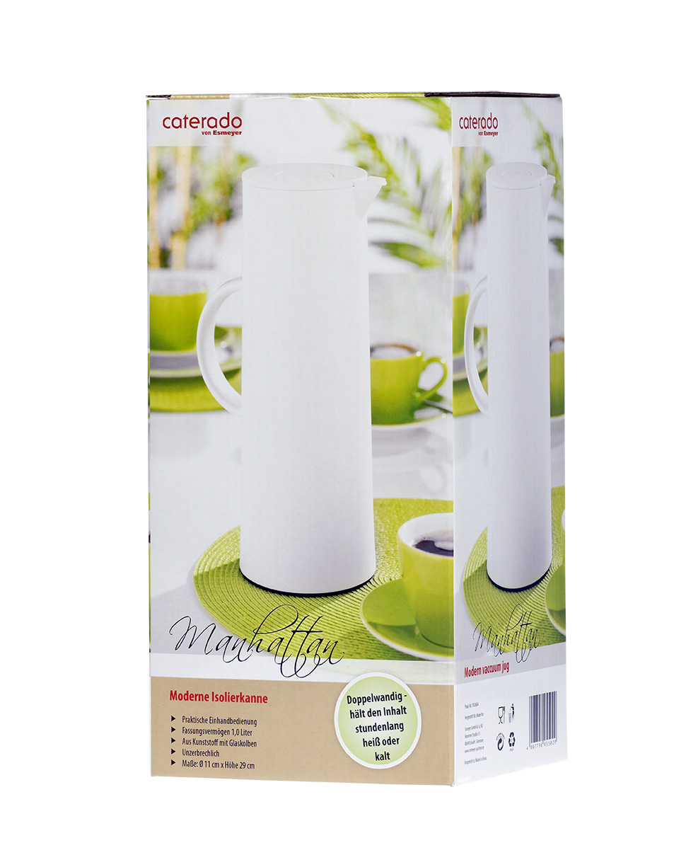 Isolierkanne "MANHATTAN", Inhalt 1 Liter, weiß, mit Glas-Isoliereinsatz, mit praktischer Druck- taste für einfaches Öffnen mit einer Hand,