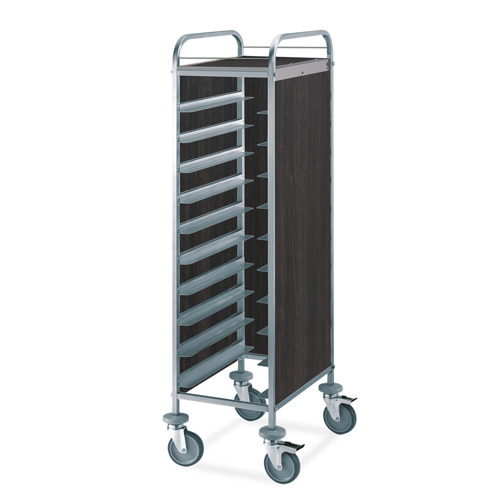 ETHERNASOLID® Tablettwagen für 10 GN-Tabletts, L-Auflagen, 2 Seitenwände, Rückwand und Oberplatte, Tabak