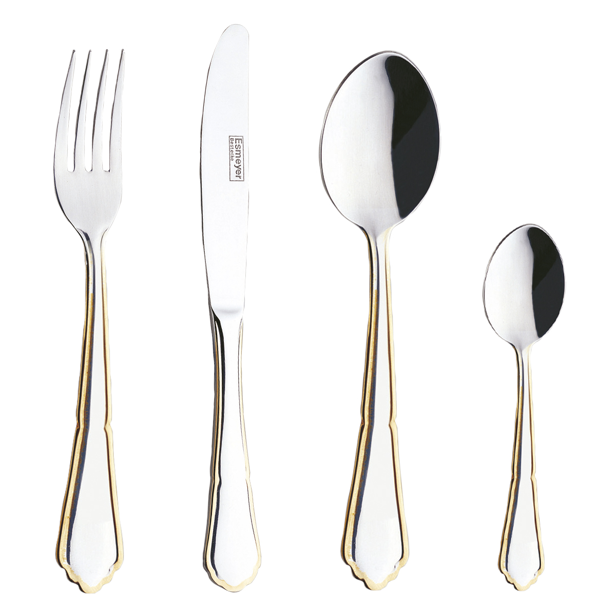 24-teiliges Besteck Chippendale, aus Edelstahl 18/0, Messer aus Klingenstahl, poliert und dekorvergoldet.