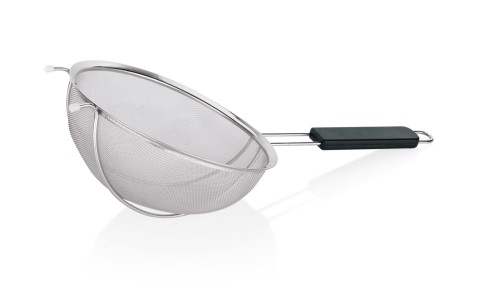 Großküchensieb. Chromnickelstahl. mit Drahtverstärkung, Kunststoffgriff und Aufhängeöse.