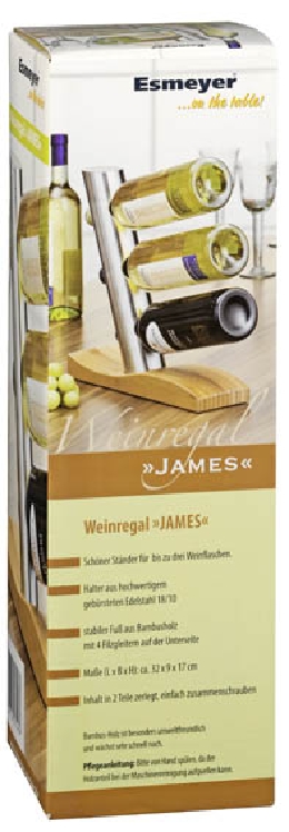 Weinregal JAMES Weinflaschenhalter aus mattiertem Edelstahl, auf einem geschwungenen Bambus-Fuss.
