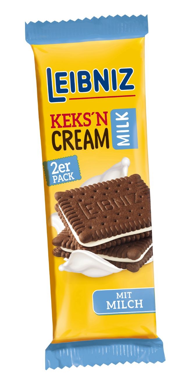 Leibniz Keksn Cream Milk 2er Pack 18 Snack Packs à 38 g im Thekendisplay.
