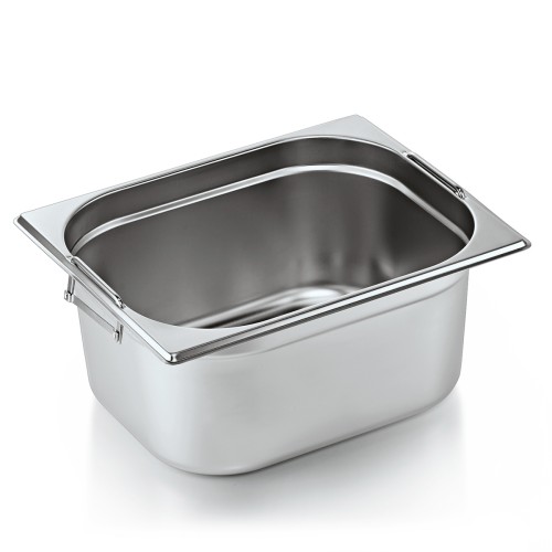 GN 1/2 Behälter, Materialstärke 0,6 mm, mit Fallgriffen. Material: Chromnickelstahl. Serie: GN 73. Inhalt in Litern: 8,7. Maße: Höhe: 150 mm