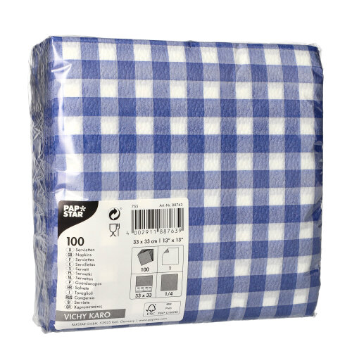 100 Servietten, 1-lagig 1/4-Falz 33 cm x 33 cm blau/weiss "Vichy Karo" von PAPSTAR