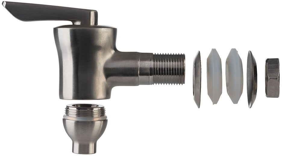 APS Getränkespender mit Deckel und Zapfhahn. Kapazität: 7 Liter. Material: Glas, Edelstahl. Maß: Ø 20 cm, H: 30,5 cm.