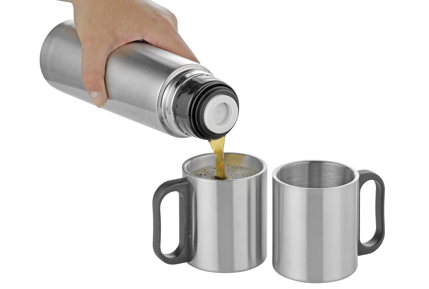 3-teiliges Set TRAVEL Isolierflaschen Set inkl. 2 Tassen aus doppelwandigem Edelstahl.