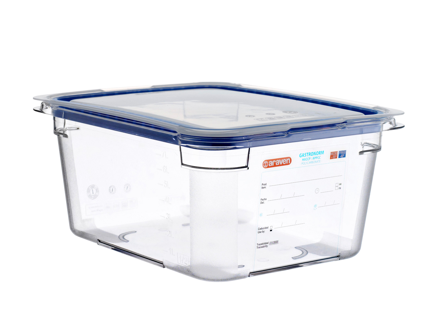 ARAVEN luftdichter Polycarbonat Behälter GN 1/2 150mm Höhe und 7,9 Liter Fassungsvermögen mit Deckel, durchsichtig