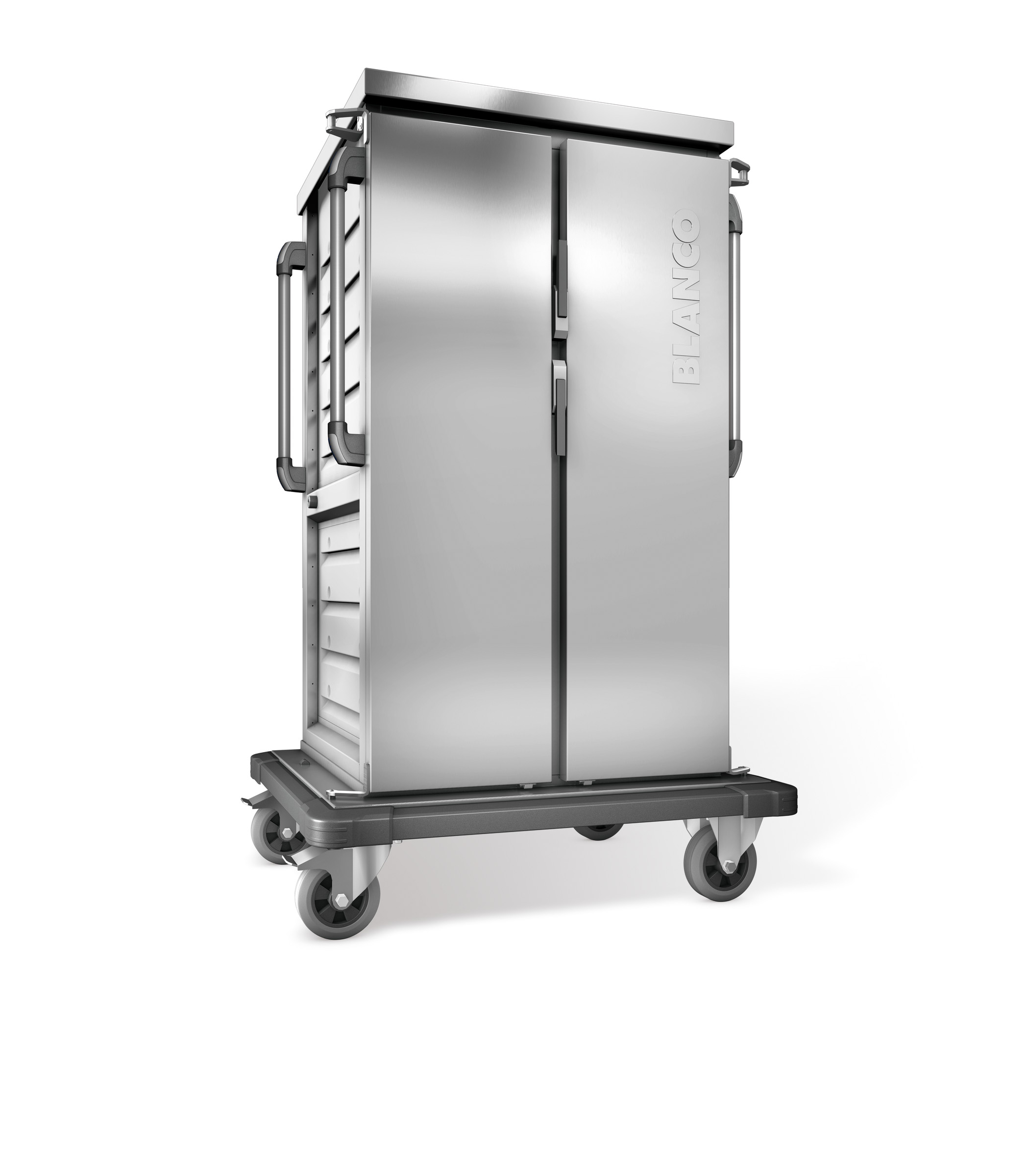 BLANCO Tablett-Transportwagen, einwandig, 2 Flügeltüren / 2 Schrankräume, 4 stahlverzinkte Rollen Ø 160 mm, 2 Bockrollen und 2 Lenkrollen mit