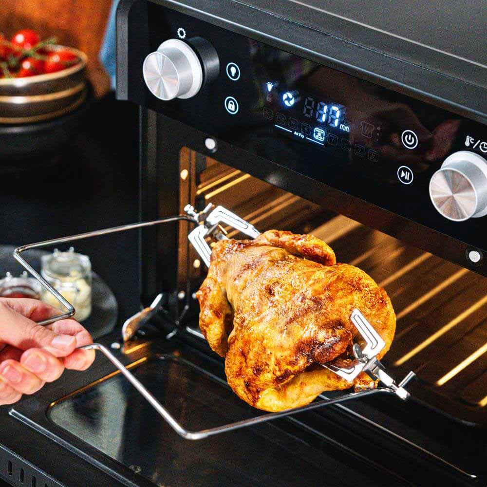 Gastroback Design Ofen Air Fry & Pizza 5 in 1: Pizzaofen, Heissluftfritteuse, Mini-Backofen, Grill-, Drehspiess und Dörrgerät