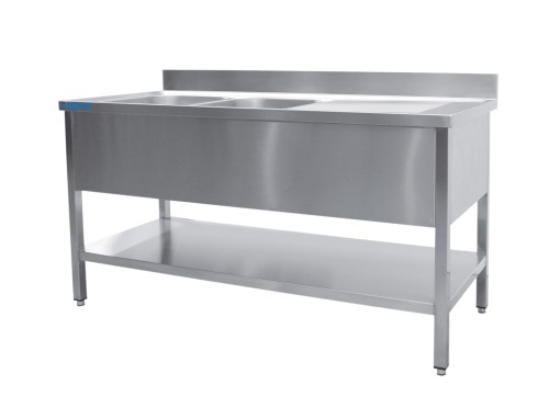 SARO Spültisch 2 Becken, links - B 1200 x T 700 mm Made in Europe - Tiefgezogenes Spülbecken B 500 x T 400 mm - zusätzliche Ablage mit