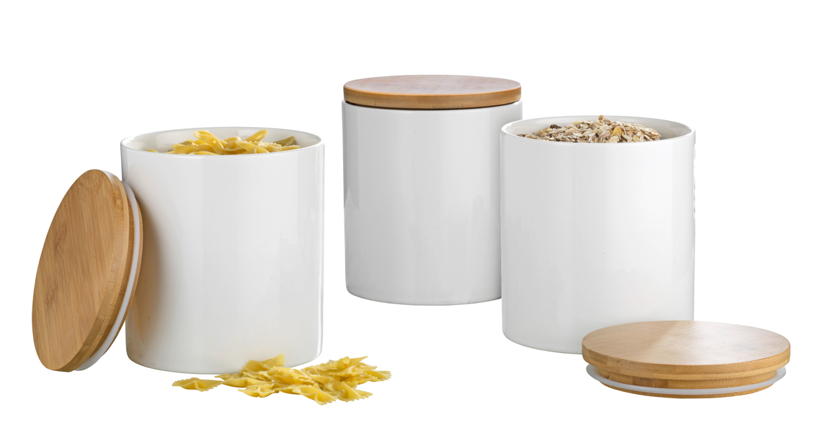 3-teiliges Vorratsdosen-Set GRENOBLE, groß, Farbe: weiss, Durchm. x Höhe: ca. 14x16 cm, Porzellan mit Bambusdeckel incl. Silikondichtung.