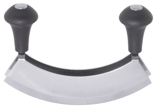 Wiegemesser zweischneidig, aus Edelstahl 18/0, mit Griffen aus Polyethylen Länge: 17,5 cm, Klingenbreite: 3,7 cm, Gesamthöhe: 12 cm