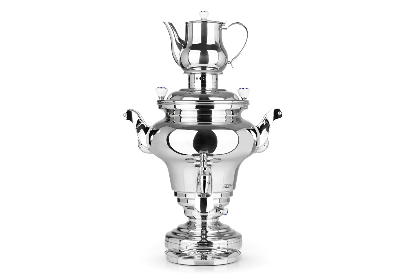 Samowar Beem Royal, 15 ltr., Edelstahl Mit 2,0 ltr. Teekanne und Teesieb, 2 Heizspiralen á 2.300 W & 700 W, Kabellänge 130 cm