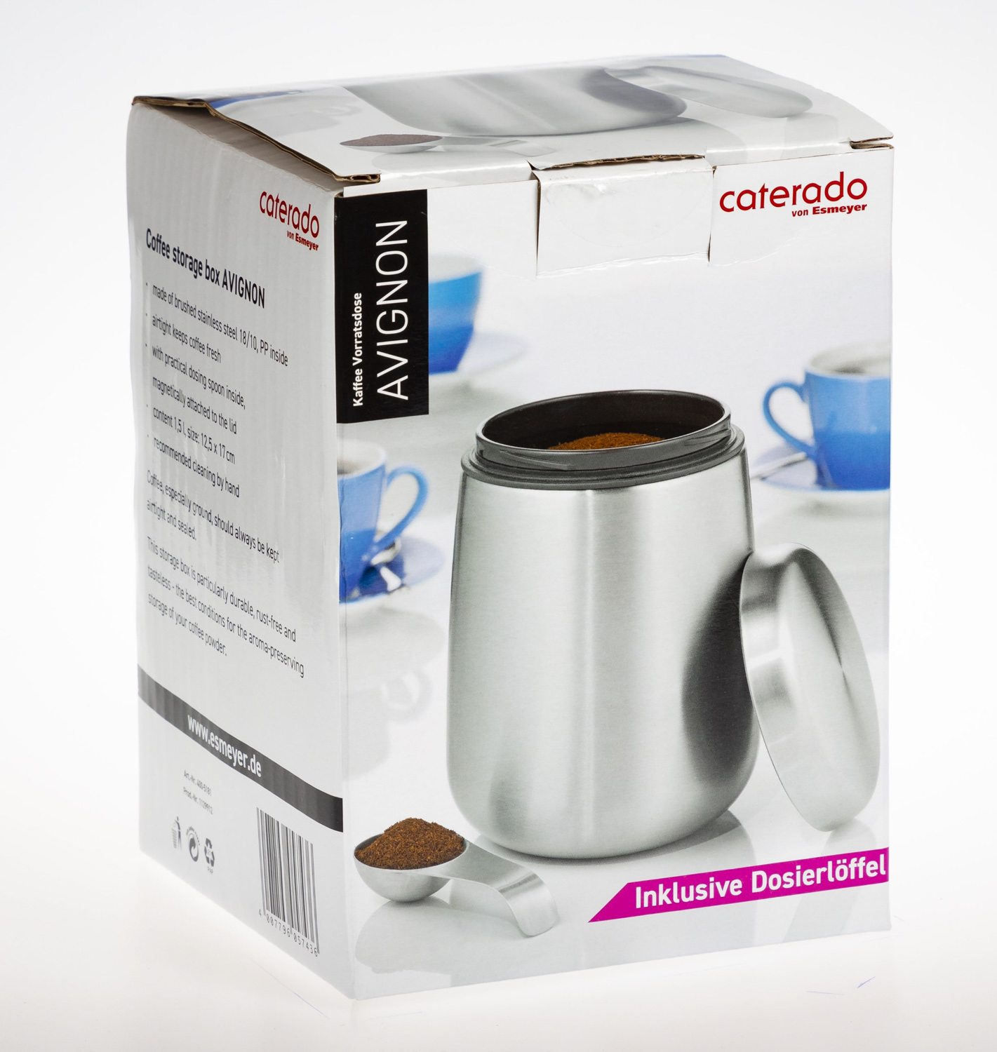 Vorratsdose AVIGNON, aus Edelstahl 18/10, Edelstahl mattiert, Maße: Höhe ca. 16,5 cm, Durchmesser ca. 11,5 cm.