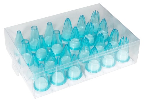 Spritztüllensatz 24 verschiedene (12 Sterne, 10 runde, 2 sonstige) Tüllen, aus Polycarbonat, in Aufbewahrungsdose Höhe: 5,5 cm