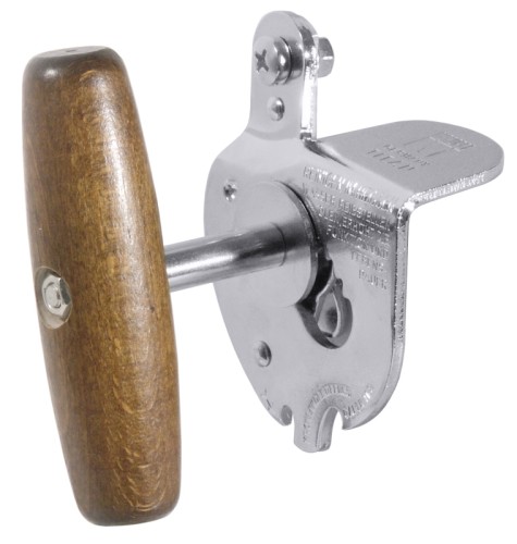 Dosenöffner für professionellen Einsatz, Messer und Rädchen aus gehärtetem, verzinntem Stahl, mit handlichem Holzgriff, geeignet für