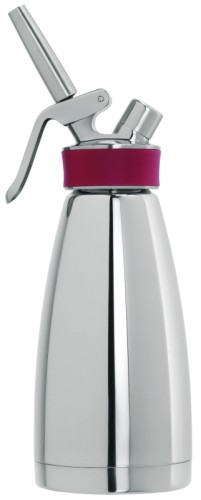 Thermo-Sahnebereiter,  isoliert ganz aus doppelwandigem Edelstahl 18/10, hochglänzend poliert, mit drei auswechselbaren Garniertüllen