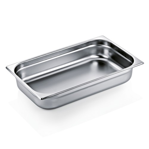 GN 1/1 Behälter, Materialstärke 0,7 mm. Material: Chromnickelstahl 18/8. Serie: GN 90. Inhalt in Litern: 13. Maße: Höhe: 100 mm