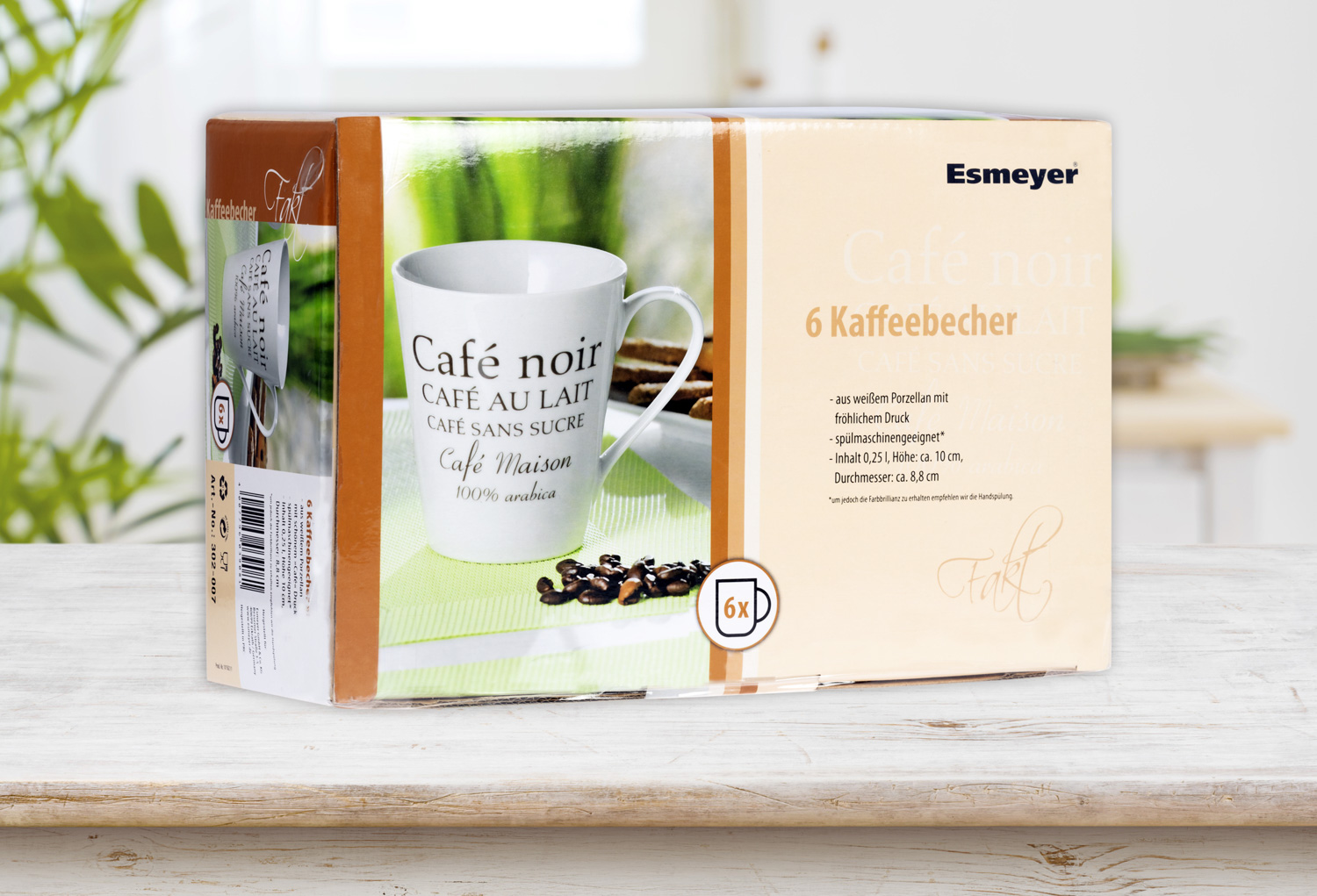 6 Kaffeebecher FAKT im Set, Inhalt: 0,25 Liter aus weißem Porzellan mit braunem Druck Cafe Noir, im Geschenkkarton