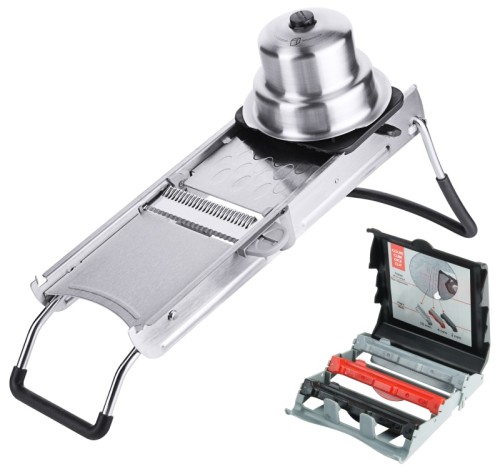 Gemüsehobel Mandoline, aus Edelstahl 18/10, ausklappbare, schwere Edelstahl-Halterungen, die in einem