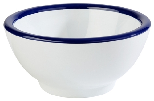 Schale -ENAMEL LOOK- Ø 13 cm, H: 6,5 cm Melamin, weiß, blauer Rand 0,3 Liter spülmaschinengeeignet stapelbar nicht
