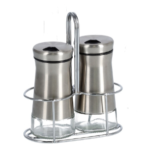 Salz-/Pfefferstreuer-Set, Glas; Edelstahl gebürstet/poliert, Durchmesser 57 mm, Höhe 117 mm, Gestell: L 127 mm, B 66 mm, H 157 mm