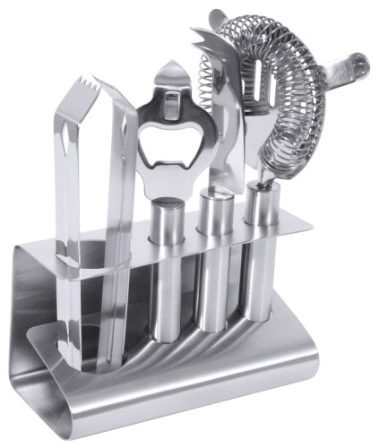 Cocktail-Set aus Edelstahl 18/10, Halterung seidenmatt gebürstet, Sieb, Öffner, Messer und Zange aus hochglänzendem Edelstahl